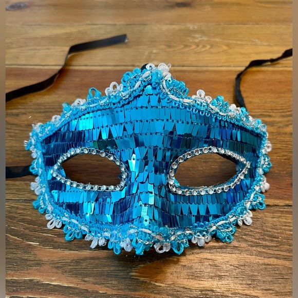 Handmade Sequin Mask | Ocean Blue & Lace Trim | Tie On - Picture 2 of 5